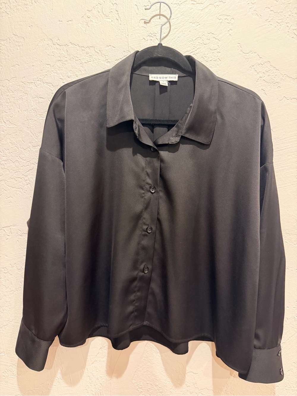 And Now This Black Satin Button-Front Blouse